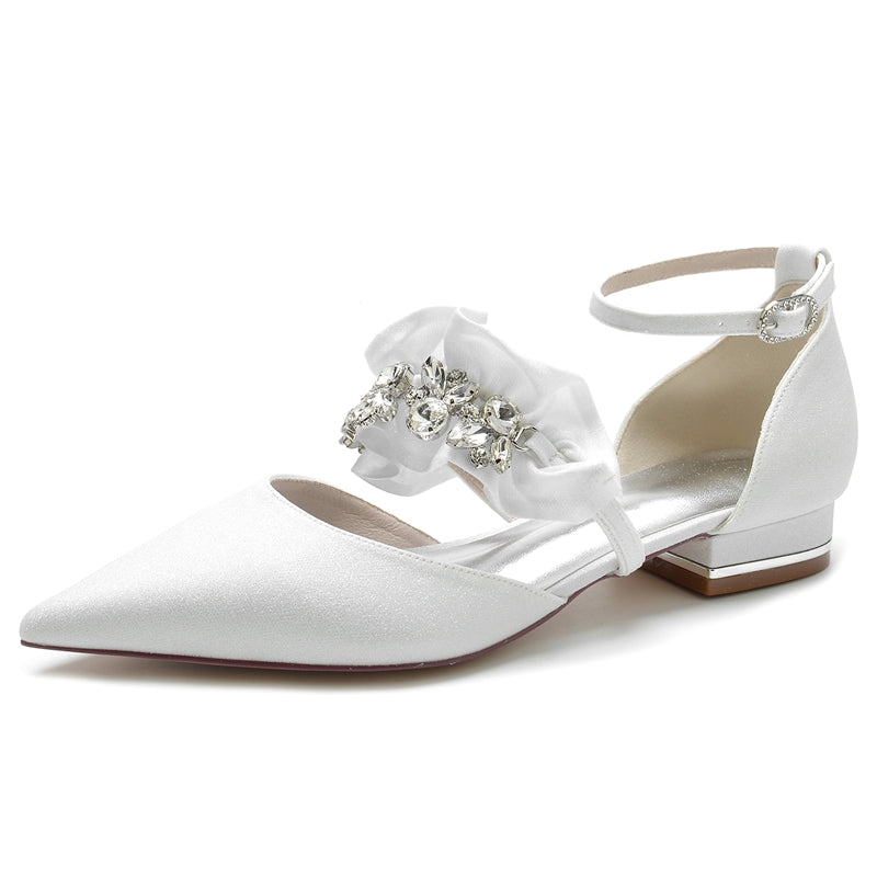 Women's Wedding Shoes Luxurious Pointed Toe Buckle Bridal Shoes with Rhinestone & Ruffles