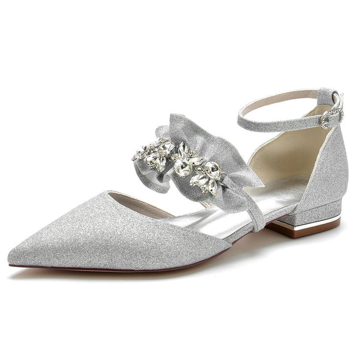 Women's Wedding Shoes Luxurious Pointed Toe Buckle Bridal Shoes with Rhinestone & Ruffles