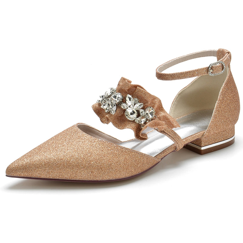 Women's Wedding Shoes Luxurious Pointed Toe Buckle Bridal Shoes with Rhinestone & Ruffles