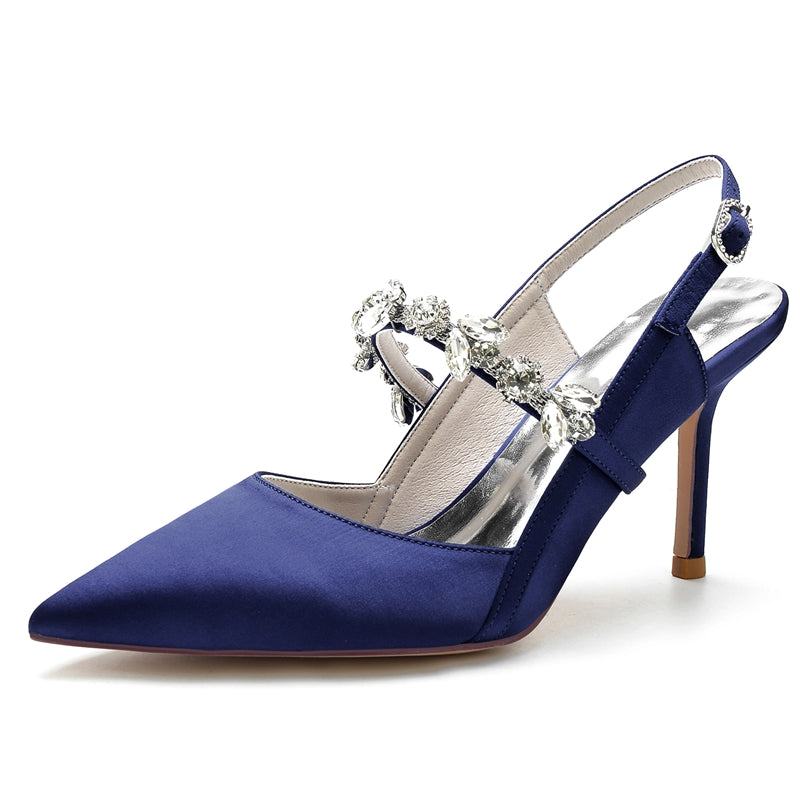 Women's Wedding Shoes Royal Blue Pointed Toe Stiletto Heel Buckle Bridal Shoes with Rhinestone