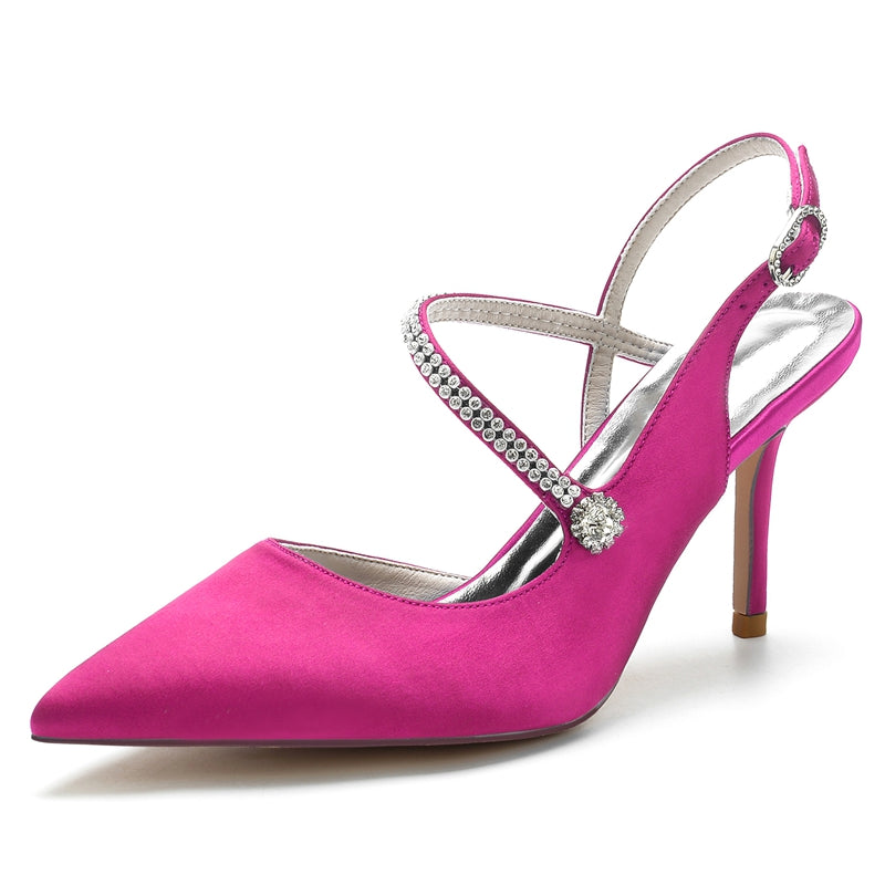 Women's Wedding Shoes Pointed Toe Stiletto Heel Buckle Bridal Shoes with Crystal