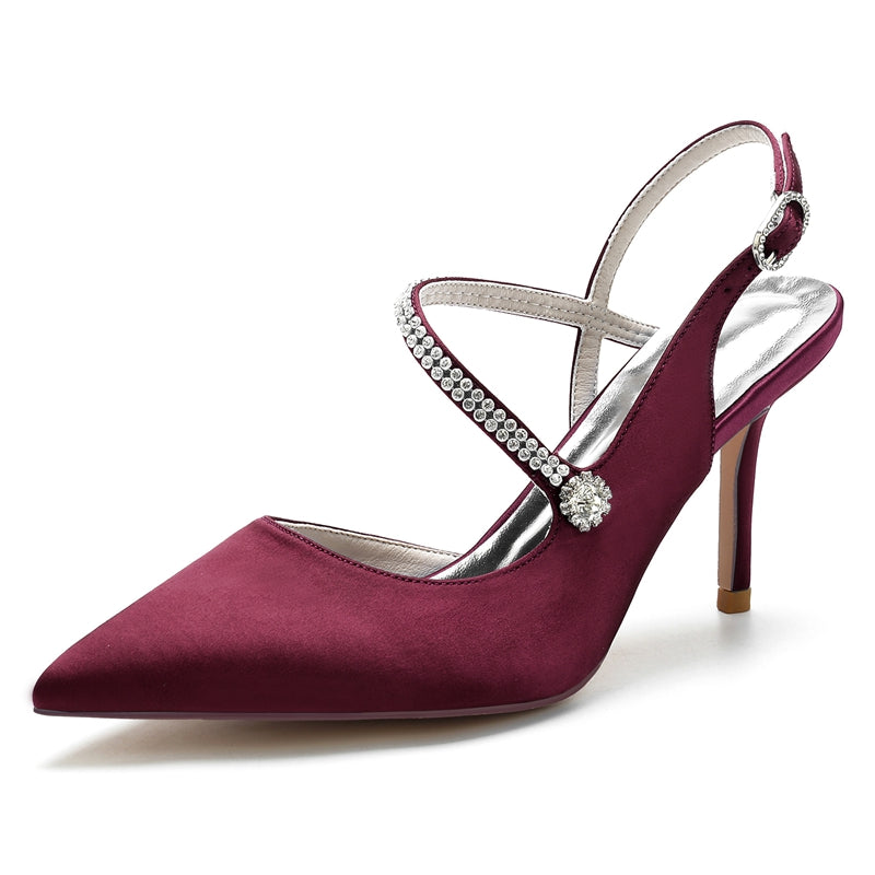 Women's Wedding Shoes Pointed Toe Stiletto Heel Buckle Bridal Shoes with Crystal