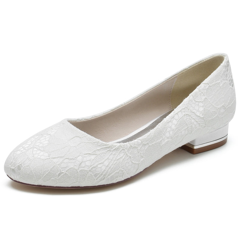 Women's Wedding Shoes White Round Toe Flat Heel Lace Minimalist Bridal Shoes
