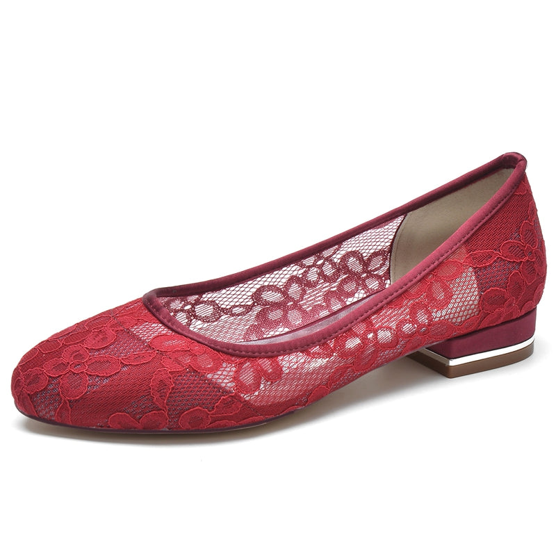 Women's Wedding Shoes Closed Toe Low Heel Lace Cutout Simple Bridal Shoes