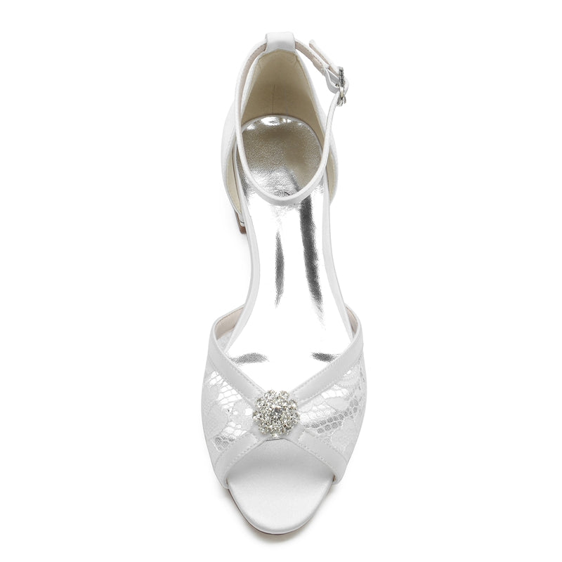 Women's Wedding Shoes Peep Toe Low Heel Lace Cutout Buckle Bridal Shoes with Rhinestone