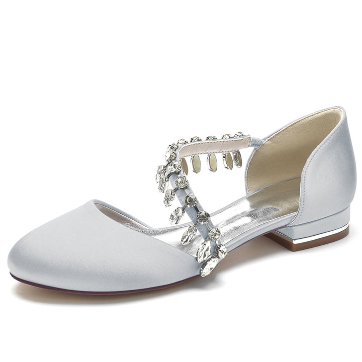 Women's Wedding Shoes Round Toe Flat Heel Silk Satin Bridal Shoes with Rhinestone Strap