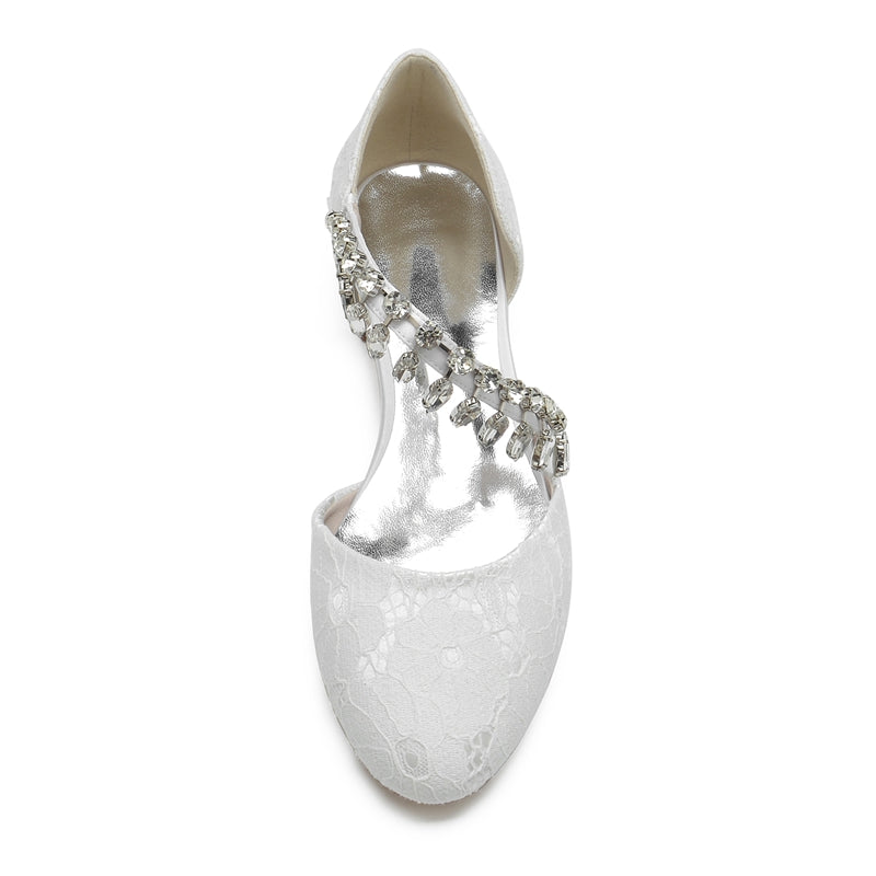 Women's Wedding Shoes Closed Toe Low Heel Lace Rhinestone Strap Bridal Shoes