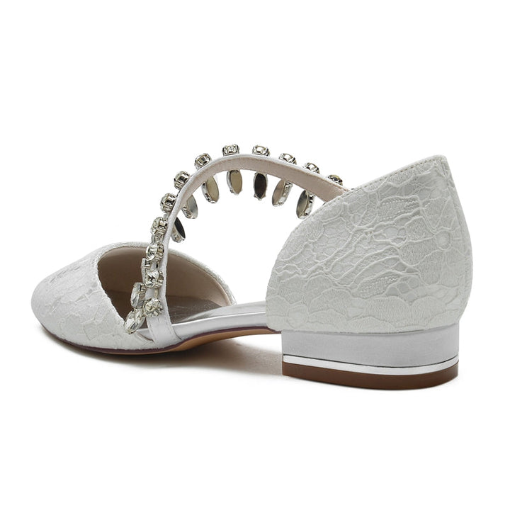Women's Wedding Shoes Closed Toe Low Heel Lace Rhinestone Strap Bridal Shoes