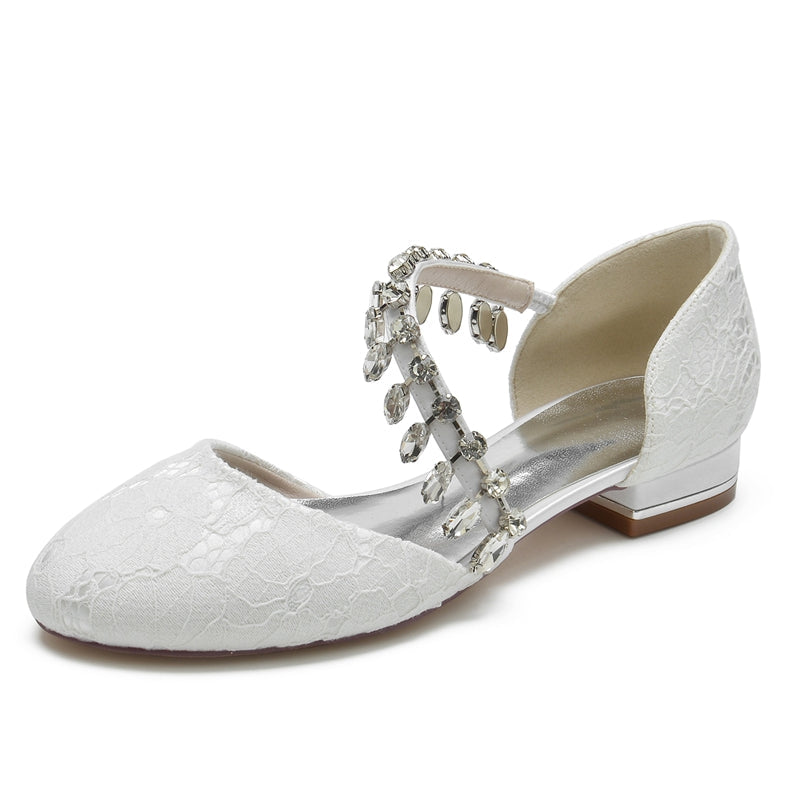 Women's Wedding Shoes Closed Toe Low Heel Lace Rhinestone Strap Bridal Shoes