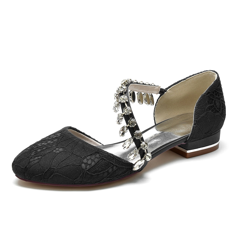 Women's Wedding Shoes Closed Toe Low Heel Lace Rhinestone Strap Bridal Shoes