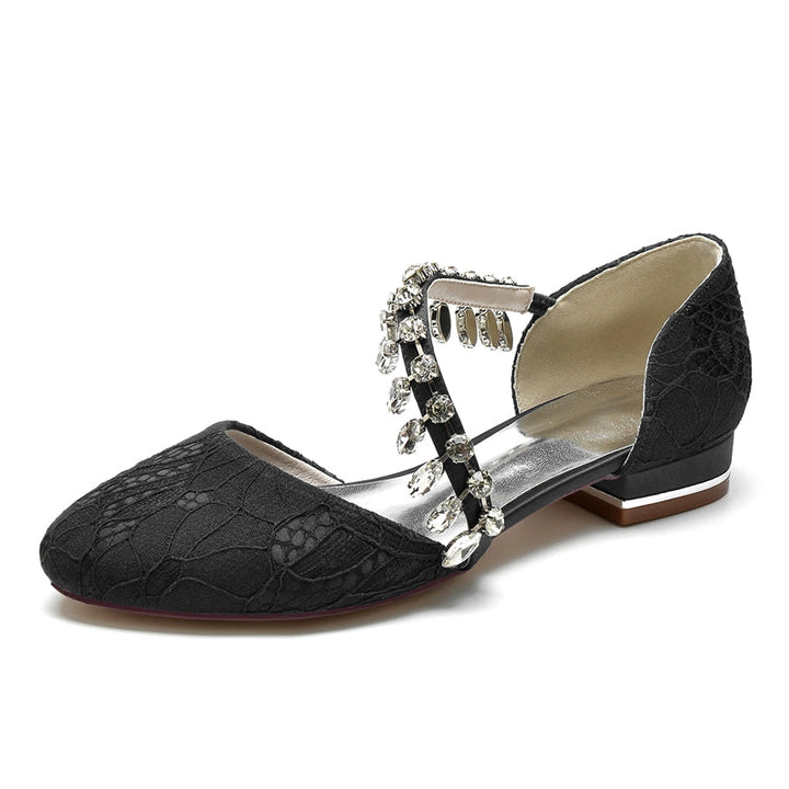 Women's Wedding Shoes Closed Toe Low Heel Lace Rhinestone Strap Bridal Shoes