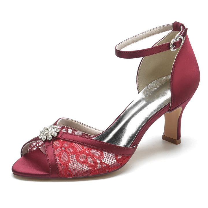 Women's Wedding Shoes Opened Toe Mid Heel Lace Rhinestone Buckle Bridal Shoes