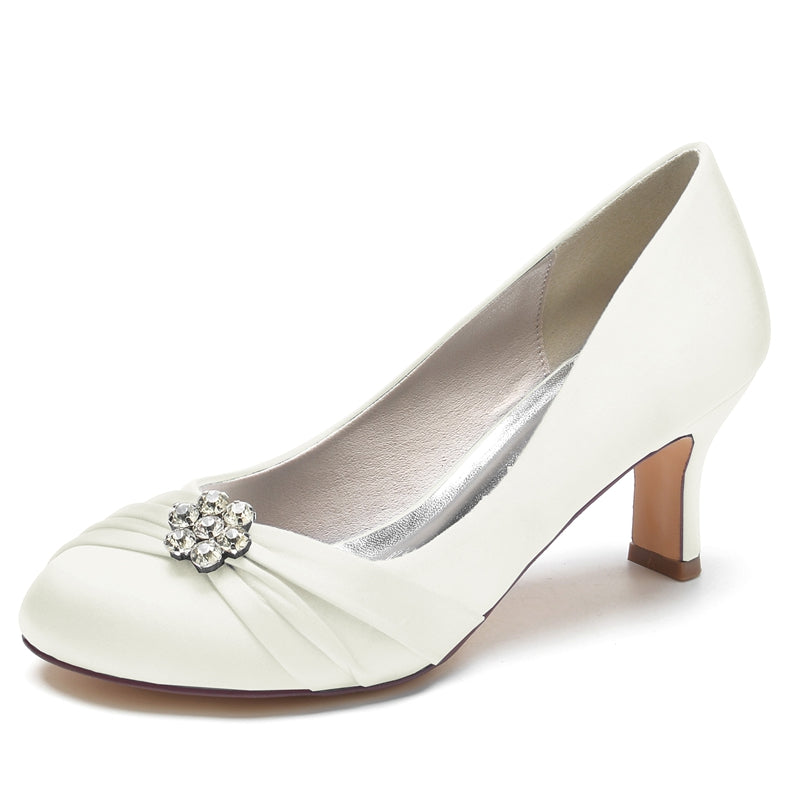 Women's Wedding Shoes Round Toe Mid Heel Comfortable Bridal Shoes with Rhinestone & Ruffles