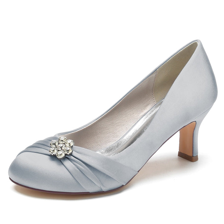 Women's Wedding Shoes Round Toe Mid Heel Comfortable Bridal Shoes with Rhinestone & Ruffles