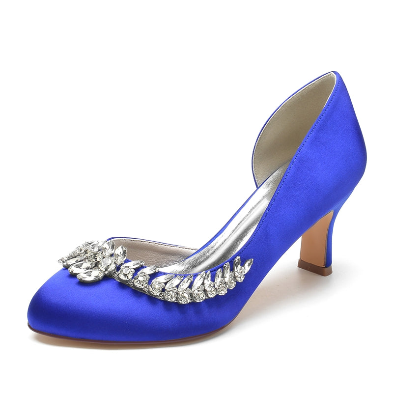 Women's Wedding Shoes Dark Blue Closed Toe Mid Heel Crystal Elegant Bridal Shoes