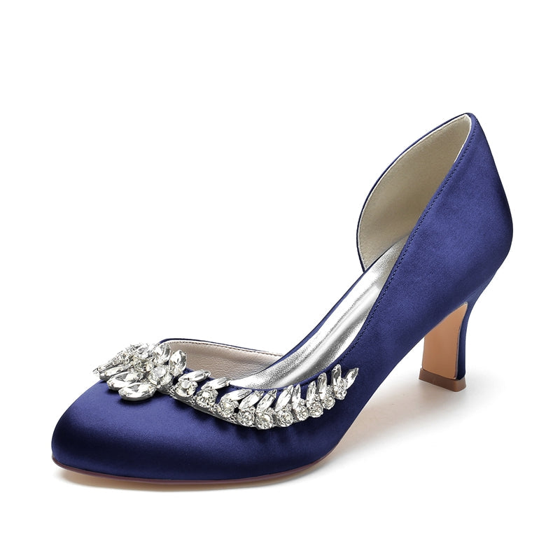 Women's Wedding Shoes Dark Blue Closed Toe Mid Heel Crystal Elegant Bridal Shoes