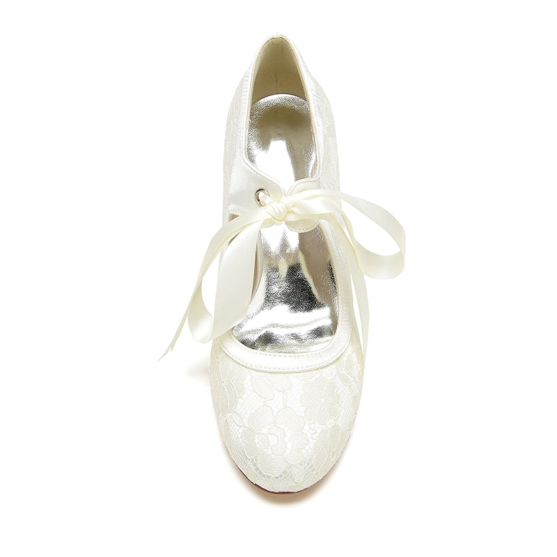 Women's Wedding Shoes Round Toe Mid Heel Lace Stylish Bridal Shoes with Bow Straps