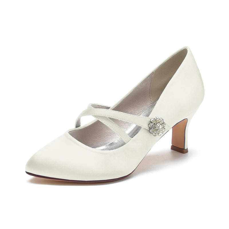 Women's Wedding Shoes Round Toe Mid Heel Crossed Straps Stylish Bridal Shoes with Rhinestone