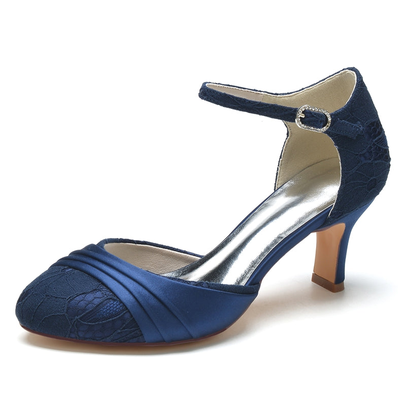 Women's Wedding Shoes Closed Toe Mid Heel Lace Exquisite Buckle Bridal Shoes with Ruffles