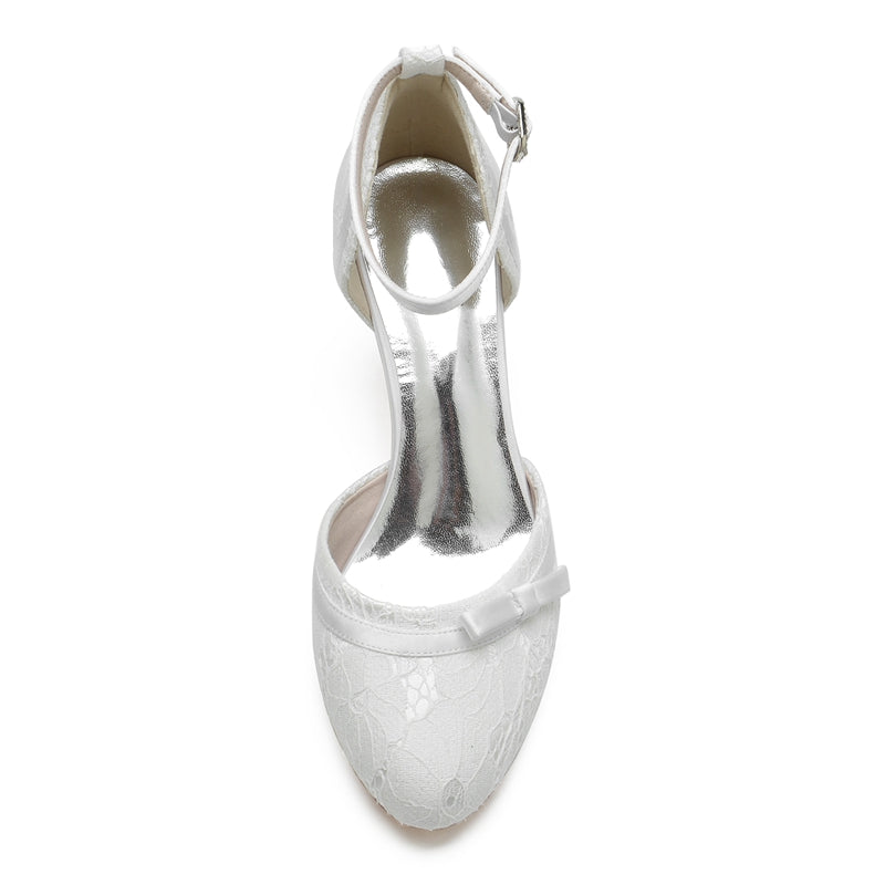 Women's Wedding Shoes Closed Toe Lace Exquisite Buckle Bridal Shoes with Bowknot