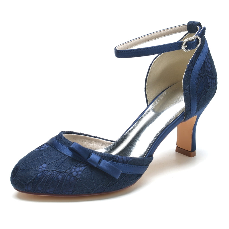 Women's Wedding Shoes Closed Toe Lace Exquisite Buckle Bridal Shoes with Bowknot