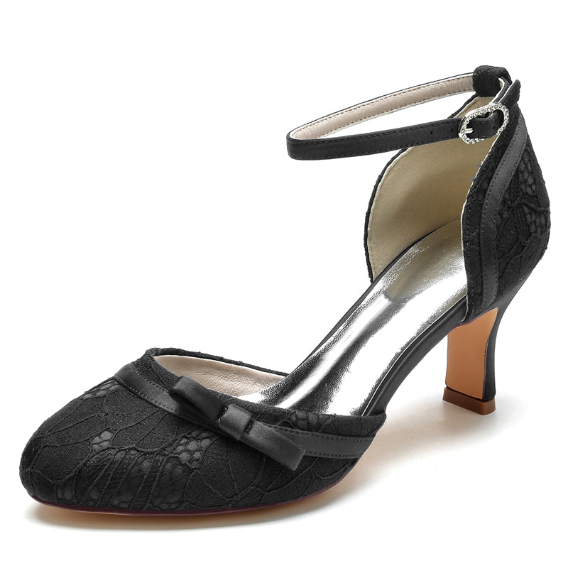 Women's Wedding Shoes Closed Toe Lace Exquisite Buckle Bridal Shoes with Bowknot
