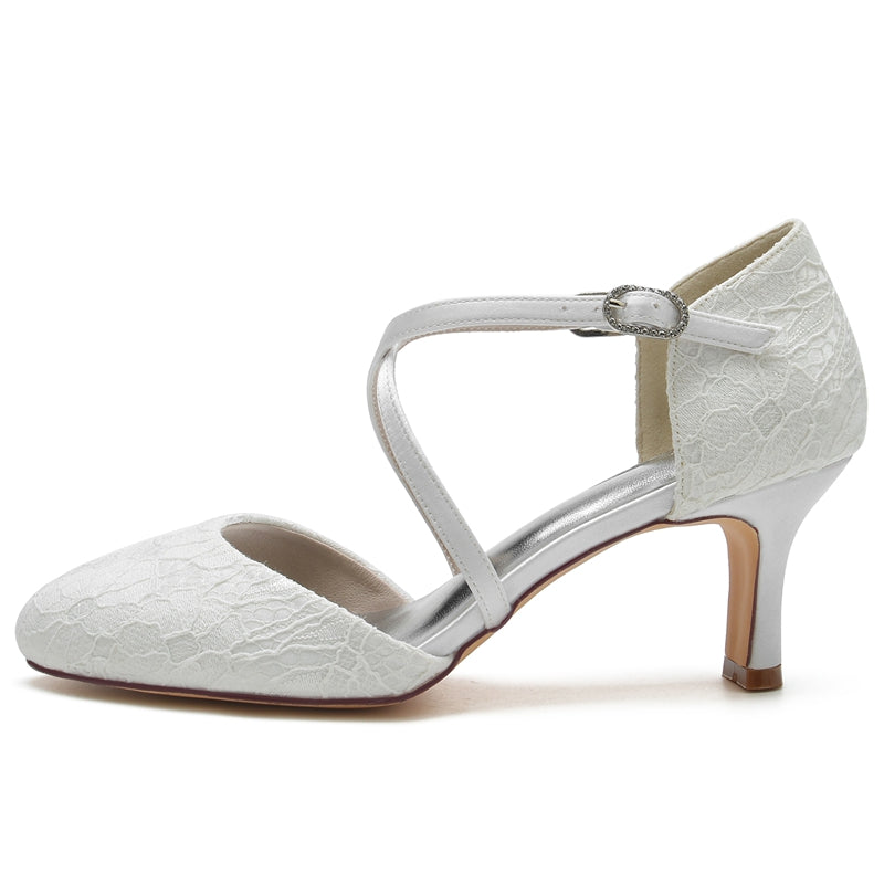 Women's Wedding Shoes Pointed Toe Mid Heel Crossed Straps Elegant Buckle Bridal Shoes
