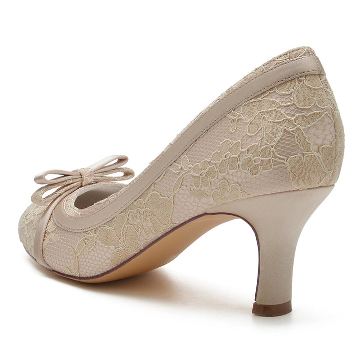 Women's Wedding Shoes Round Toe Mid Heel Lace Exquisite Bridal Shoes with Bowknot