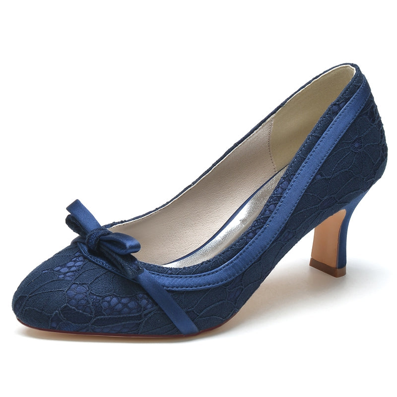 Women's Wedding Shoes Round Toe Mid Heel Lace Exquisite Bridal Shoes with Bowknot