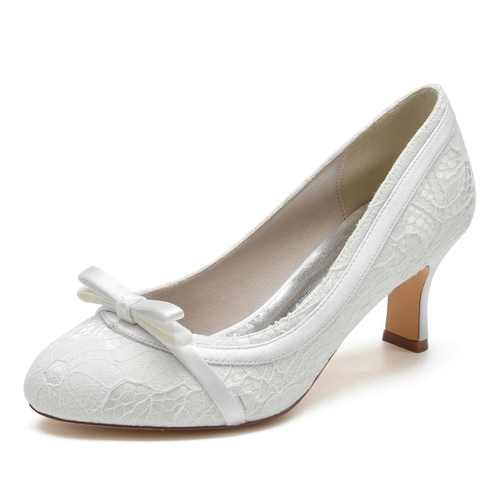 Women's Wedding Shoes Round Toe Mid Heel Lace Exquisite Bridal Shoes with Bowknot
