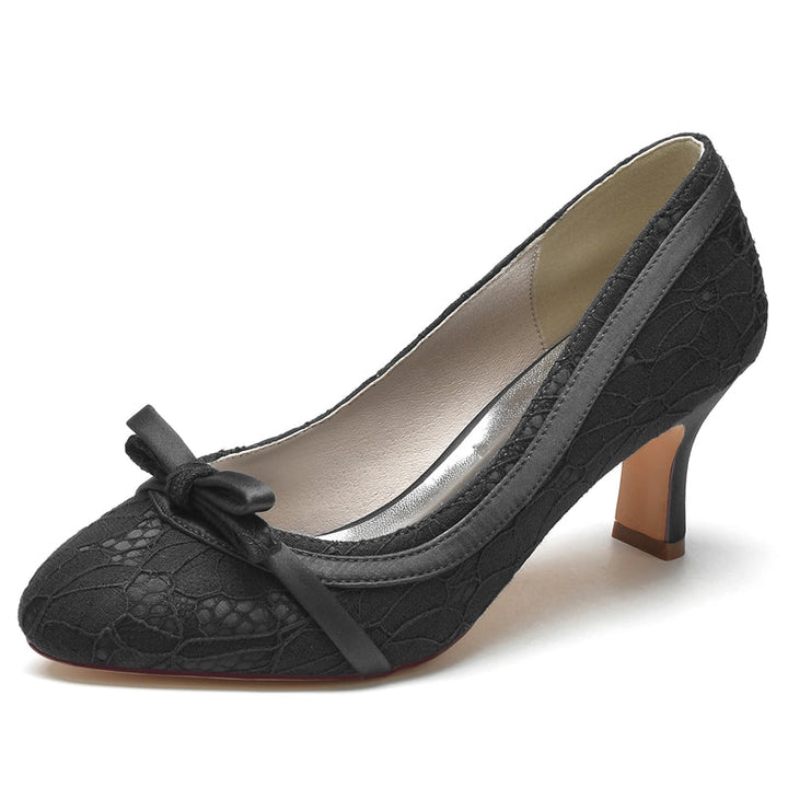 Women's Wedding Shoes Round Toe Mid Heel Lace Exquisite Bridal Shoes with Bowknot