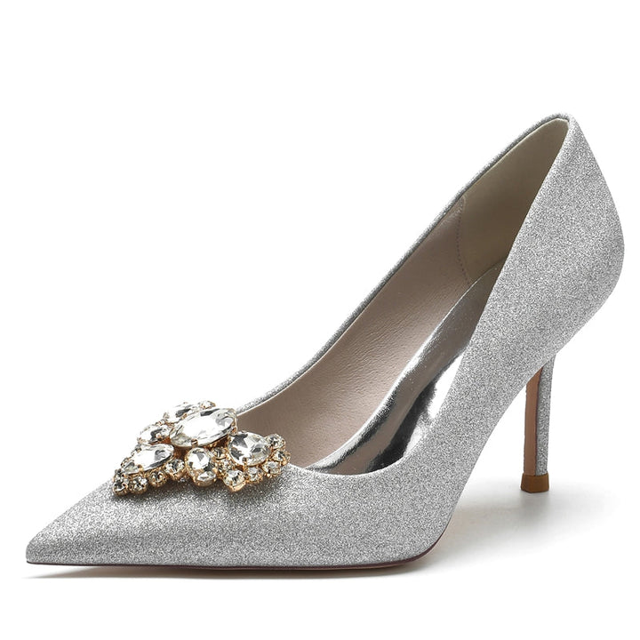 Women's Wedding Shoes Silver Pointed Toe Stiletto Heel Elegant Bridal Shoes with Rhinestone