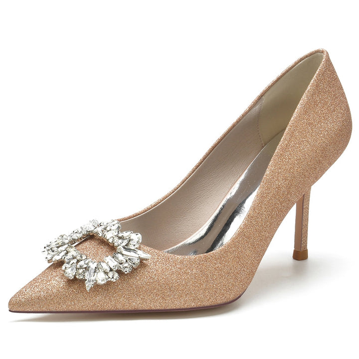 Women's Wedding Shoes Closed Toe Stiletto Heel Chic Bridal Shoes with Square Rhinestone