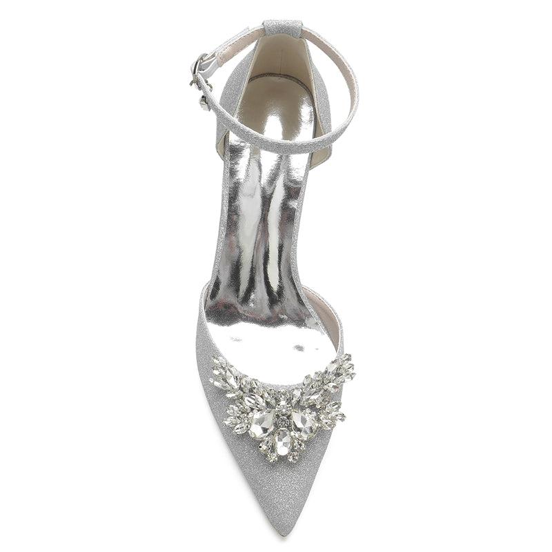 Women's Wedding Shoes White Pointed Toe Sparkling Buckle Bridal Shoes with Rhinestone