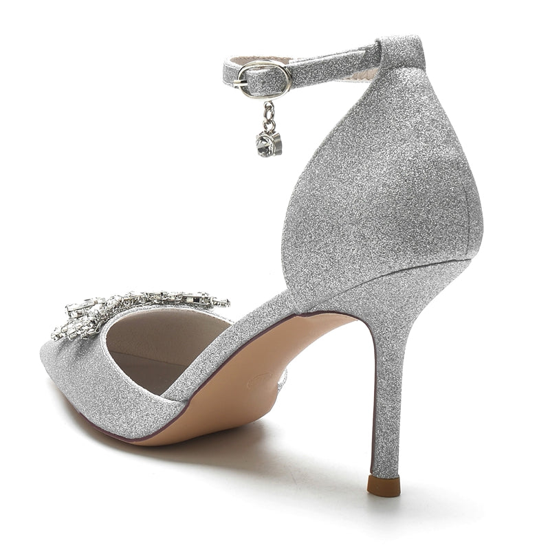 Women's Wedding Shoes White Pointed Toe Sparkling Buckle Bridal Shoes with Rhinestone