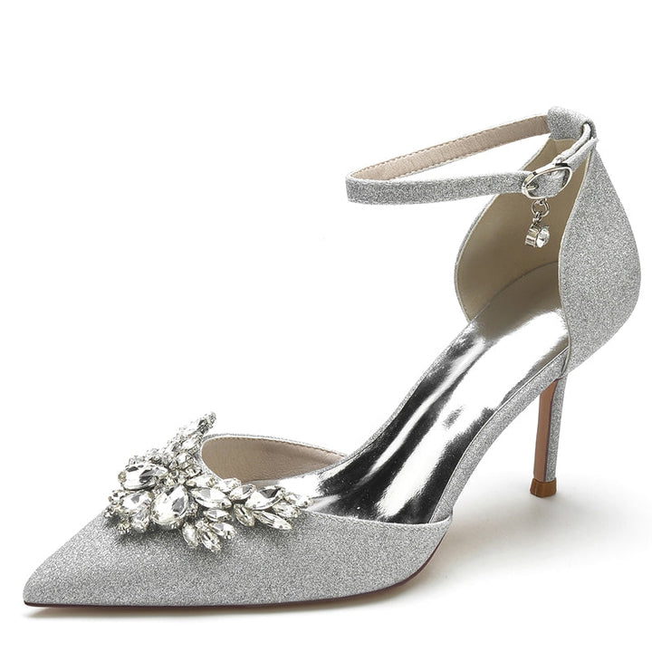 Women's Wedding Shoes White Pointed Toe Sparkling Buckle Bridal Shoes with Rhinestone