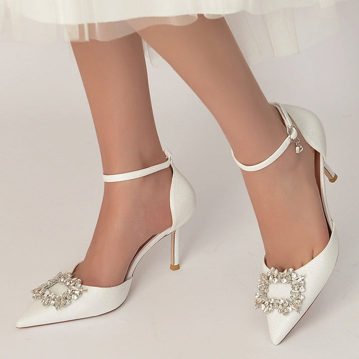 Women's Wedding Shoes Closed Toe High Heel Luxurious Bridal Shoes with Square Rhinestone