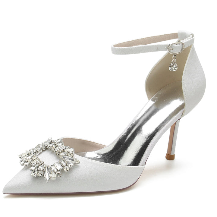 Women's Wedding Shoes Closed Toe High Heel Luxurious Bridal Shoes with Square Rhinestone