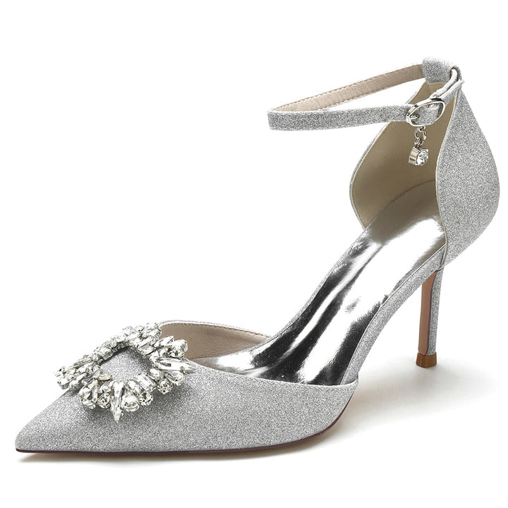 Women's Wedding Shoes Closed Toe High Heel Luxurious Bridal Shoes with Square Rhinestone