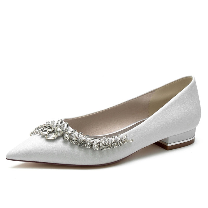 Women's Wedding Shoes Pointed Toe Square Heel Stylish Bridal Shoes with Asymmetrical Rhinestone