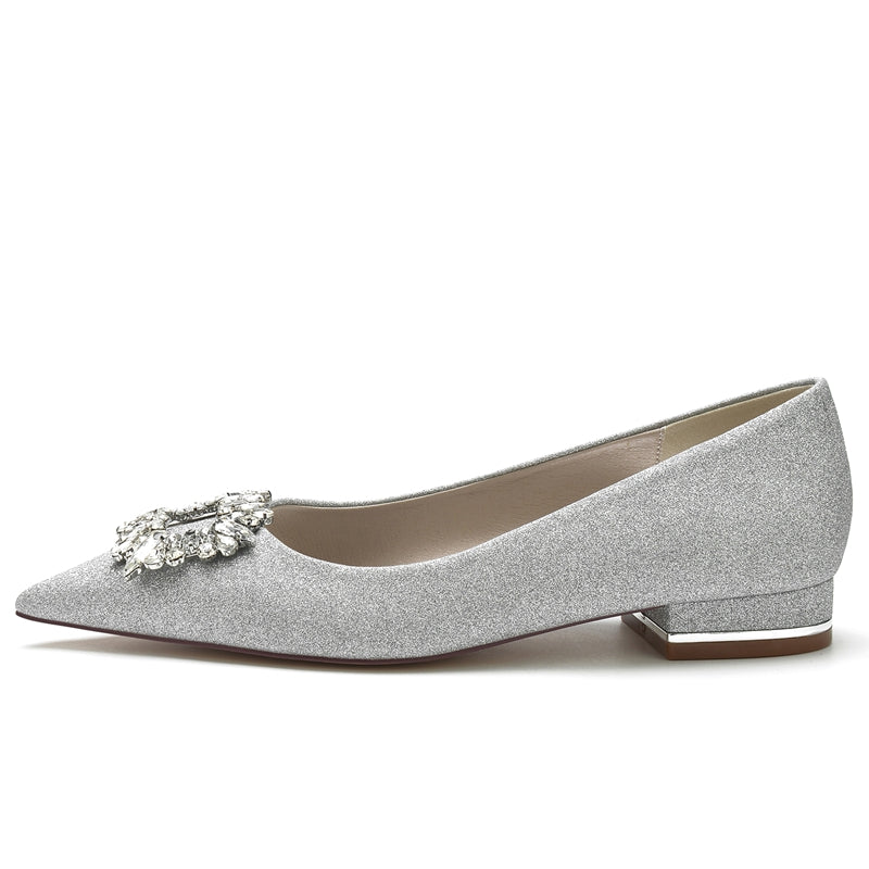 Women's Wedding Shoes Closed Toe Flat Heel Elegant Bridal Shoes with Square Rhinestone