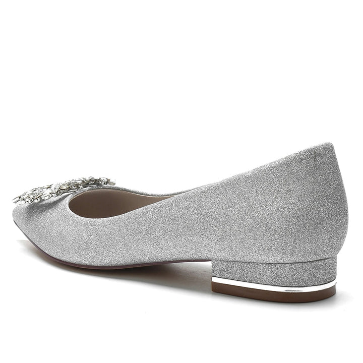 Women's Wedding Shoes Closed Toe Flat Heel Elegant Bridal Shoes with Square Rhinestone