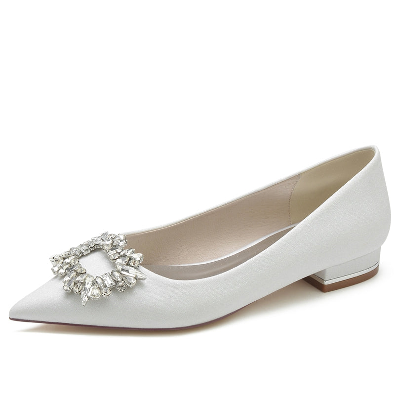 Women's Wedding Shoes Closed Toe Flat Heel Elegant Bridal Shoes with Square Rhinestone