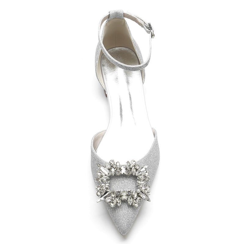Women's Wedding Shoes Closed Toe Low Heel Sparkling Buckle Bridal Shoes with Square Rhinestone