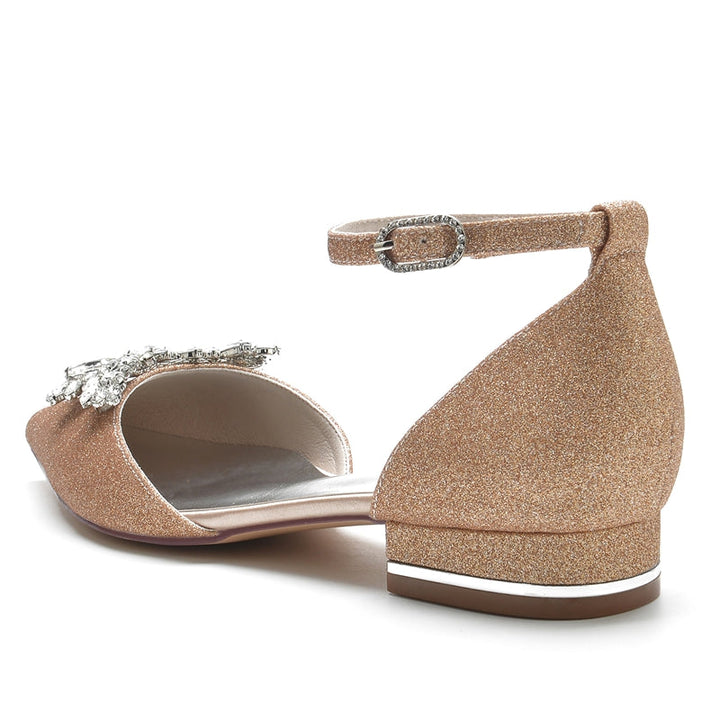 Women's Wedding Shoes Pointed Toe Flat Heel Luxurious Buckle Bridal Shoes with Delicate Rhinestone