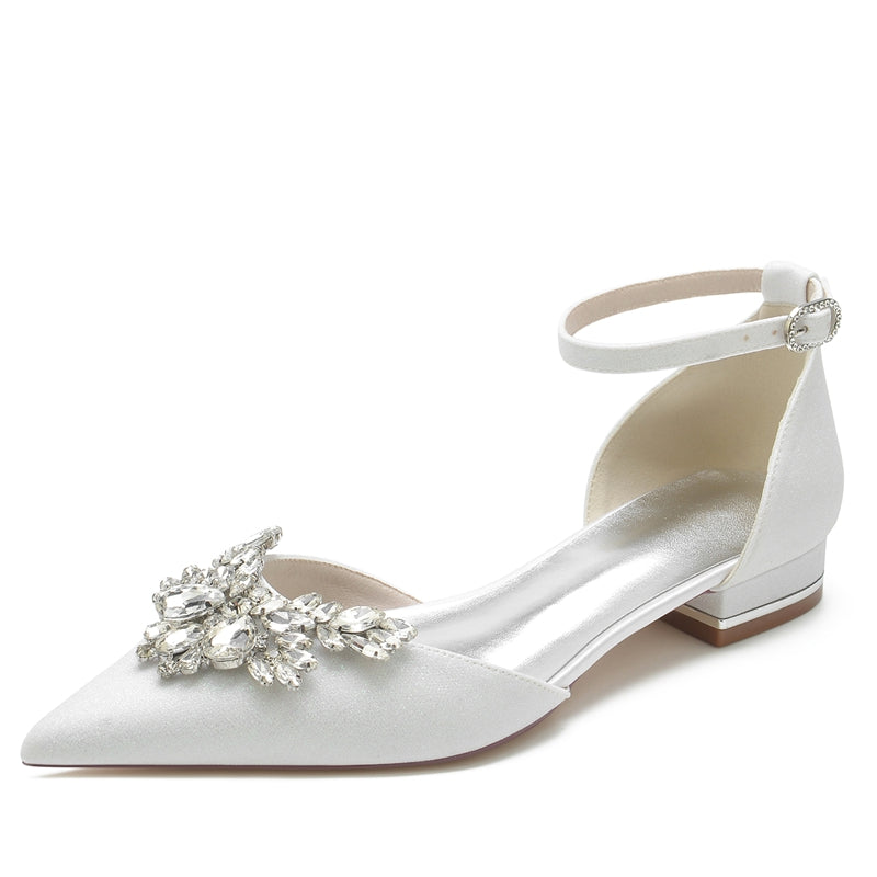 Women's Wedding Shoes Pointed Toe Flat Heel Luxurious Buckle Bridal Shoes with Delicate Rhinestone