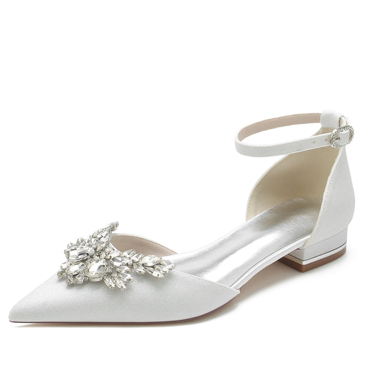 Women's Wedding Shoes Pointed Toe Flat Heel Luxurious Buckle Bridal Shoes with Delicate Rhinestone