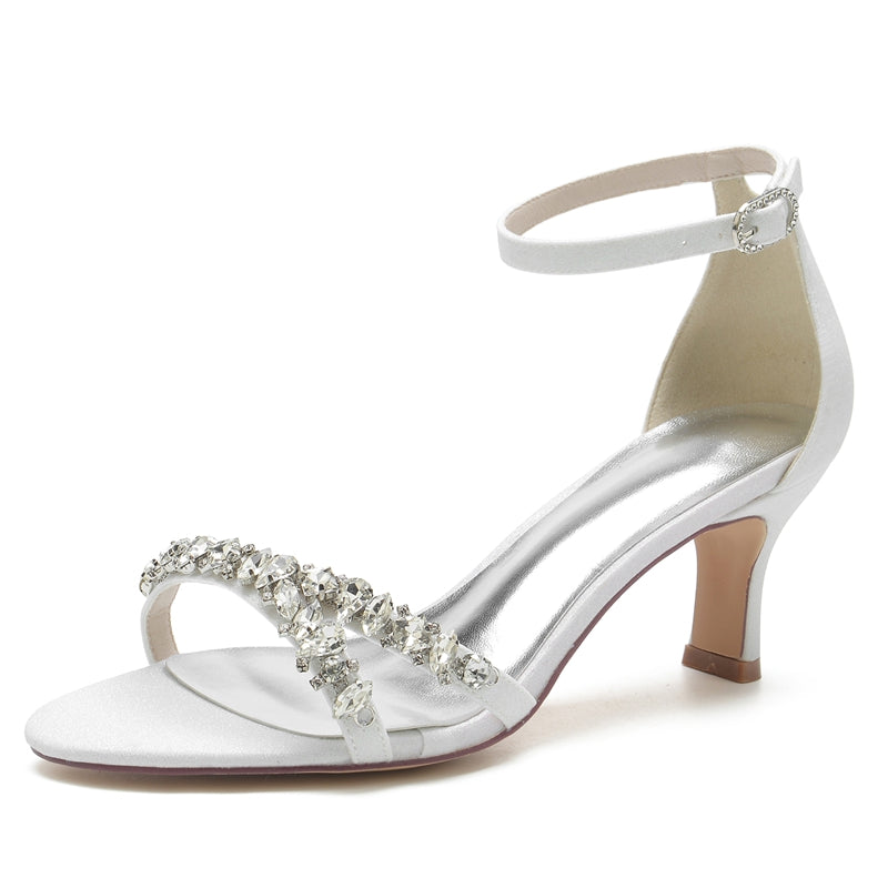 Women's Wedding Shoes Silver Peep Toe Fashion Buckle Bridal Shoes with Asymmetrical Rhinestone