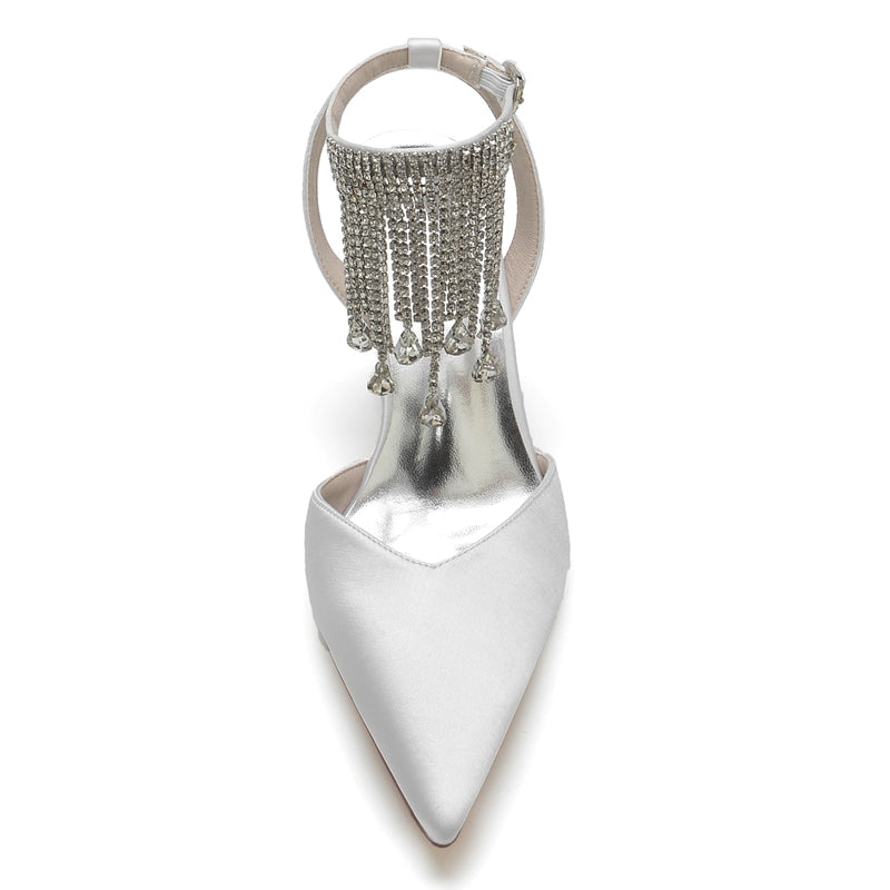 Women's Wedding Shoes Closed Toe Block Heel Buckle Bridal Shoes with Crystal & Tassels