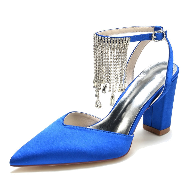 Women's Wedding Shoes Closed Toe Block Heel Buckle Bridal Shoes with Crystal & Tassels